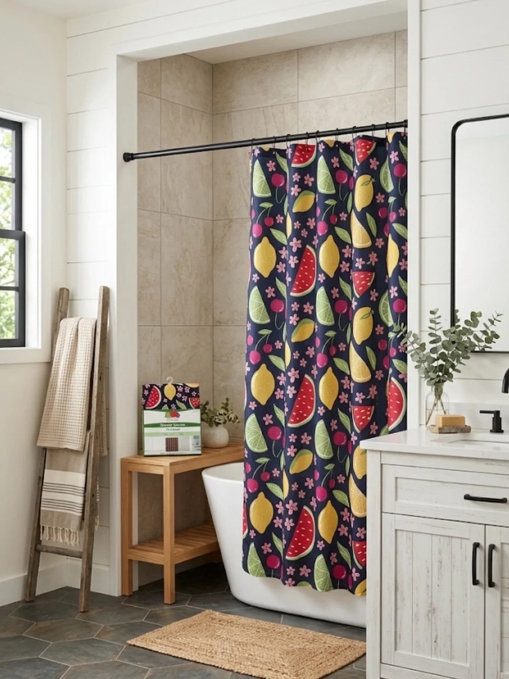 Fruit of the Loom Black Shower Curtain with Bright Fruit Print
